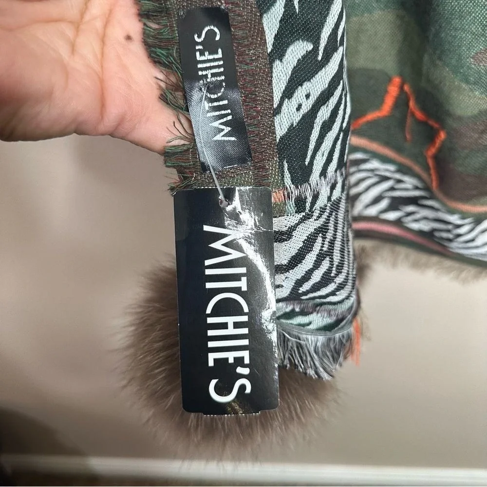 Mitchies Camo StarZebra Print Wrap Scarf Fox Fur Pom Poms Green Pink Cotton Wool